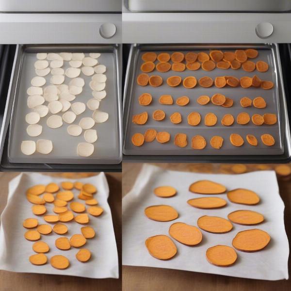 Sweet potato slices dehydrating