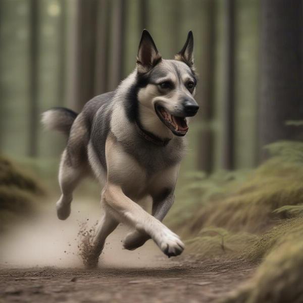 Tamaskan Dog Running in a Wooded Area