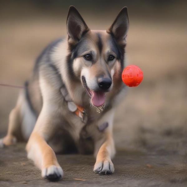 Tamaskan dog playing with toys