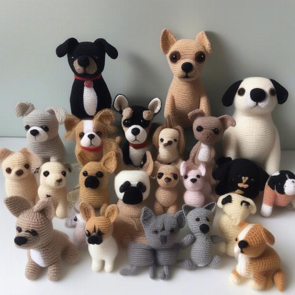 Crocheted dog amigurumi figures in various breeds and poses.