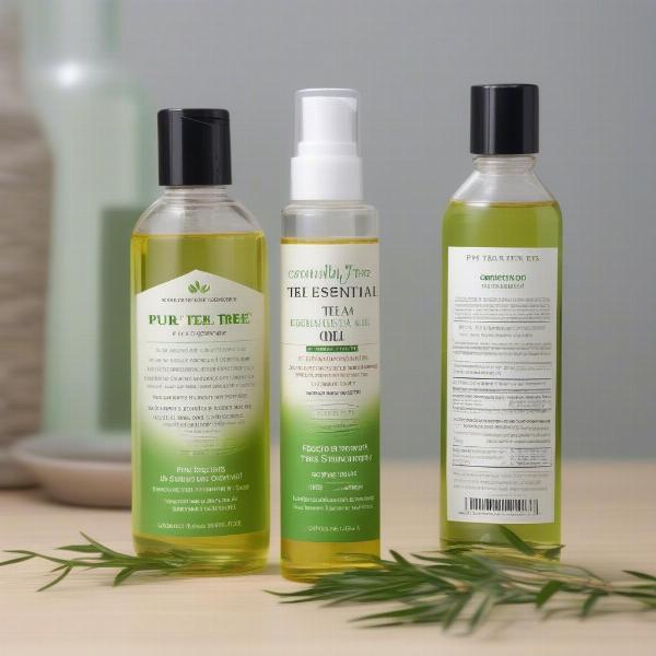 Tea tree oil bottle and dog shampoo