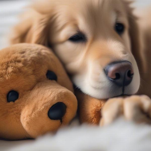 A dog cuddling a teddy bear dog toy.