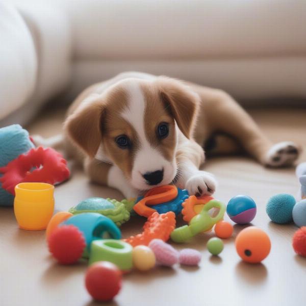 Teething Puppy Playing with Toys