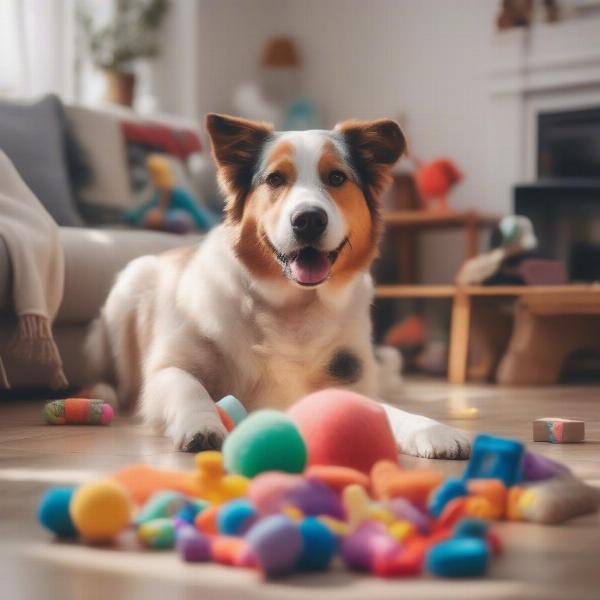 A temporary foster dog playing happily with toys in a comfortable living room.