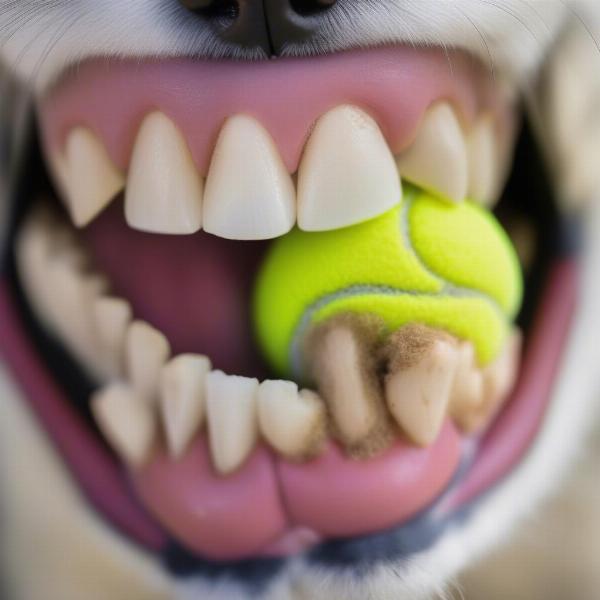 Dog's teeth showing wear from tennis balls