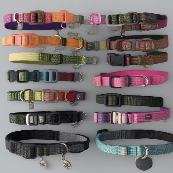 Variety of Teva dog collars in different colors and styles.