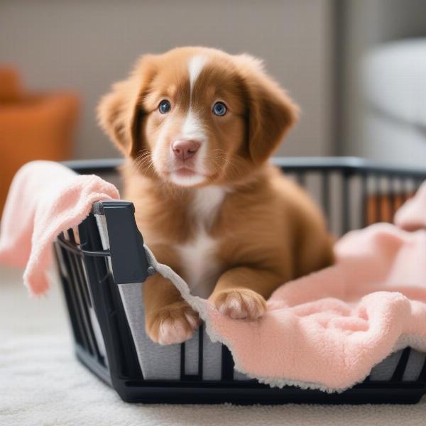 Toller puppy in crate