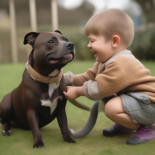 Toy Staffy playing gently with a child