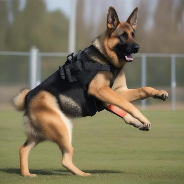 Trained German Shepherd protection dog demonstrating a controlled bite