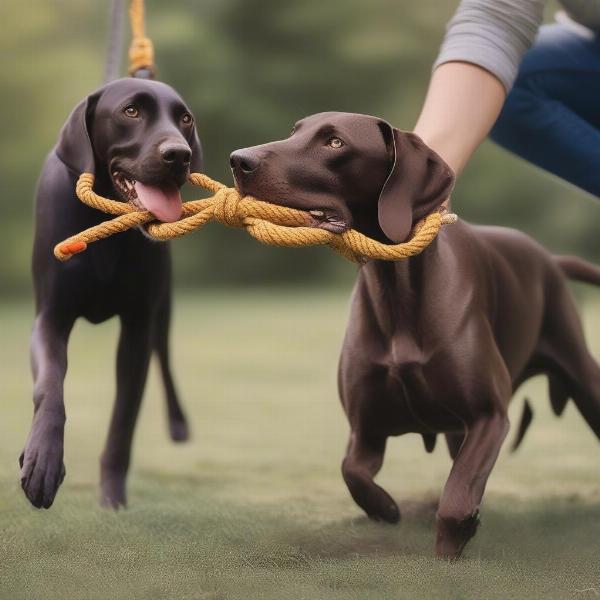 Durable tug toys for hunting dogs made of rope and canvas.