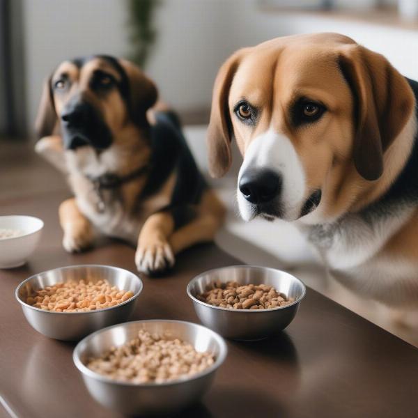 Two dogs eating from separate bowls