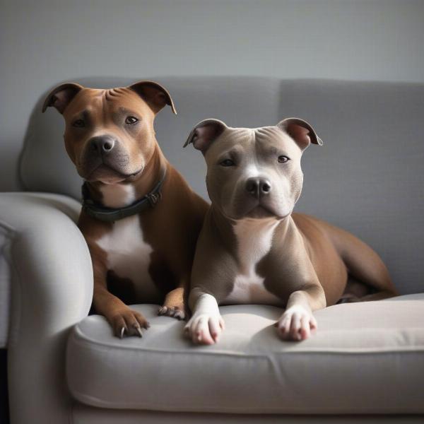 Two Staffordshire Bull Terriers cuddling together on a sofa