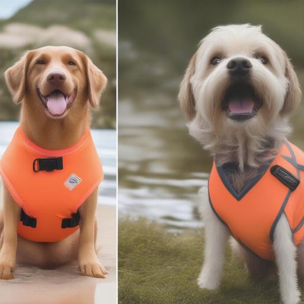 Different types of dog swimsuits: life vests, rash guards, and full-body suits.