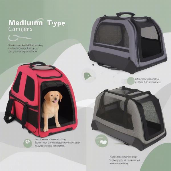 Different types of medium dog carriers, including soft-sided, hard-sided, backpack, and rolling carriers, are shown with their pros and cons.