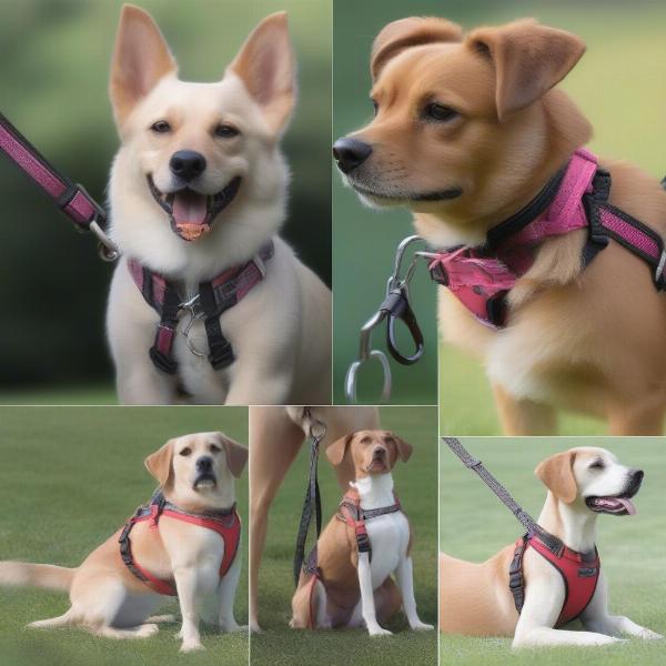 Different types of no-pull leads for dogs: front-clip harness, back-clip harness, head halter, no-pull collar.