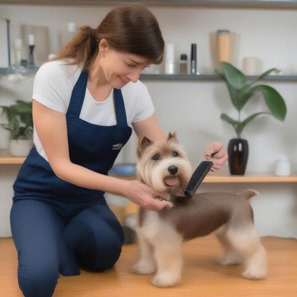 Person properly using a vacuum dog grooming brush on a dog