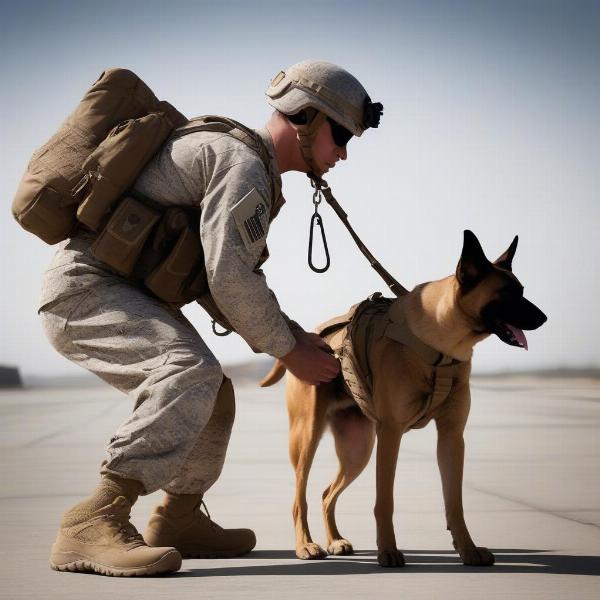 USMC Military Working Dog with Handler and Visible Dog Tags