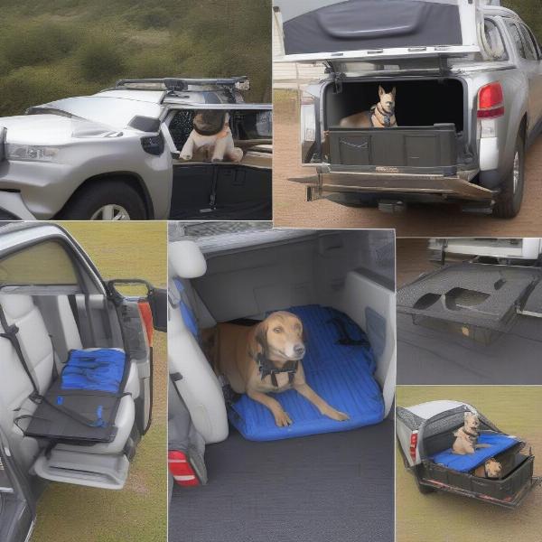 Different types of ute dog restraints: harnesses, crates, and barriers