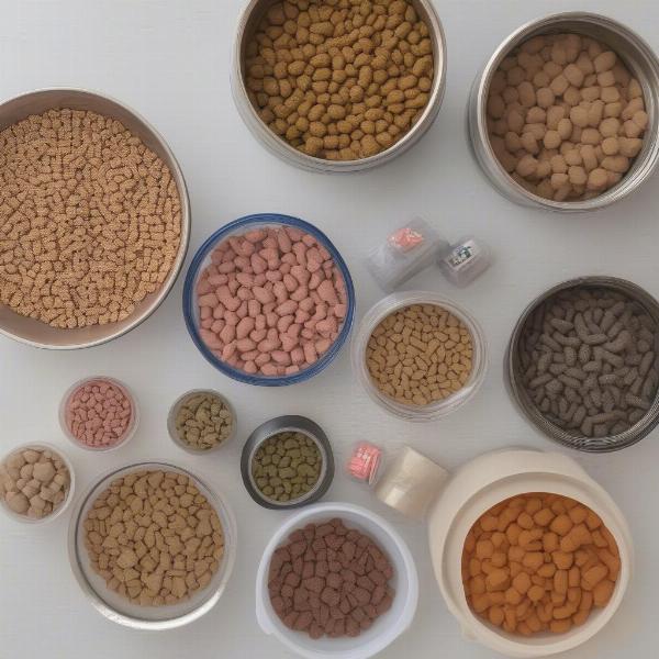 Different types of small dog food including dry kibble, wet food, and treats