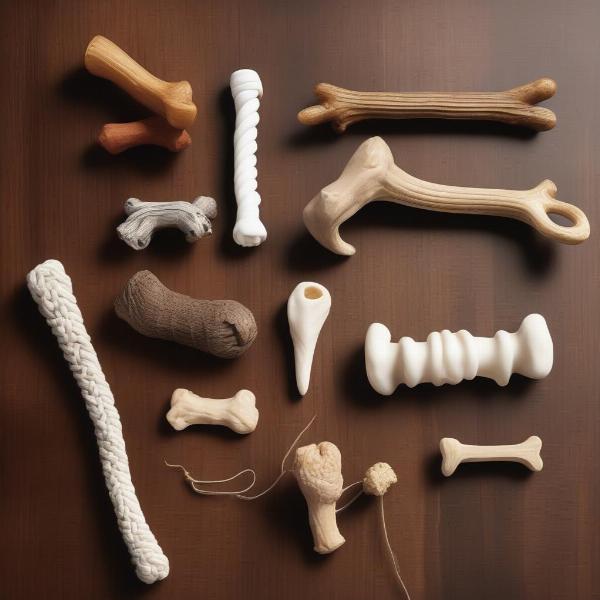 Different dog chews including moose antler, rubber toys and nylon bones.