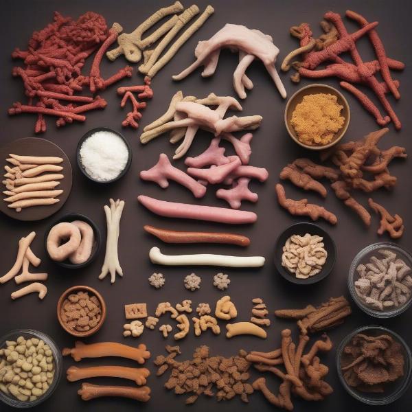 A variety of dog treats, including raw chicken feet