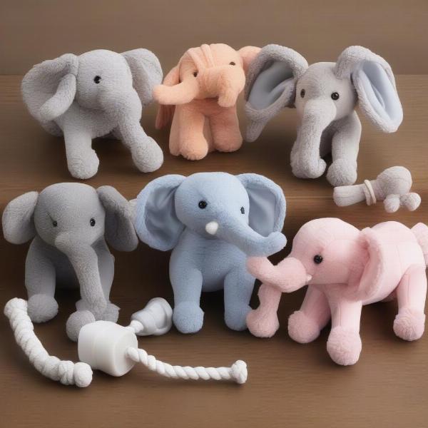 Different types of elephant dog toys including plush, rope, and rubber