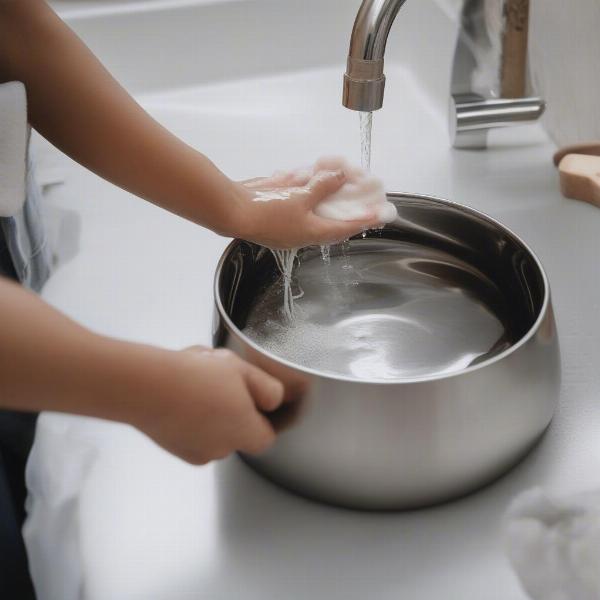 Cleaning a stainless steel dog bowl