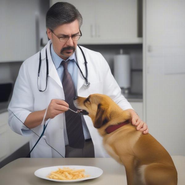 Veterinarian examining dog after eating poutine hot dog