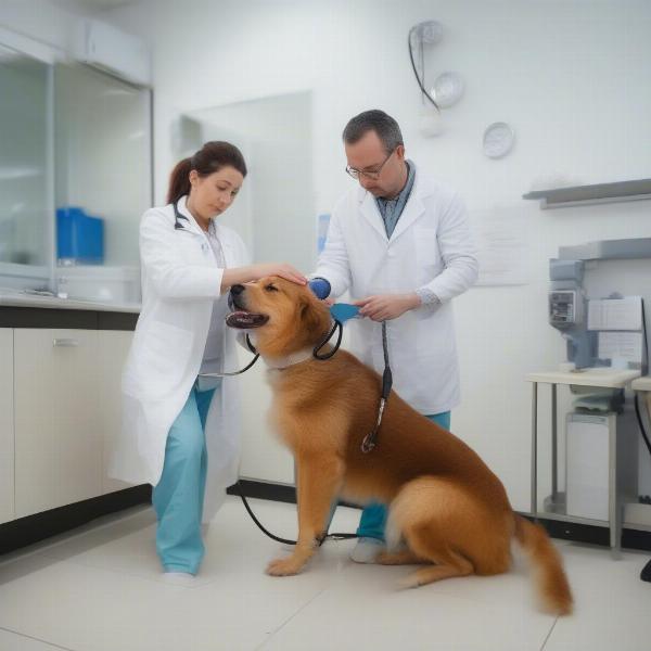 Veterinarian examining a dog in a clinic