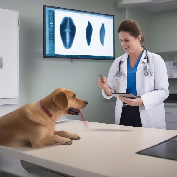 Veterinarian explaining dog echocardiogram results to owner