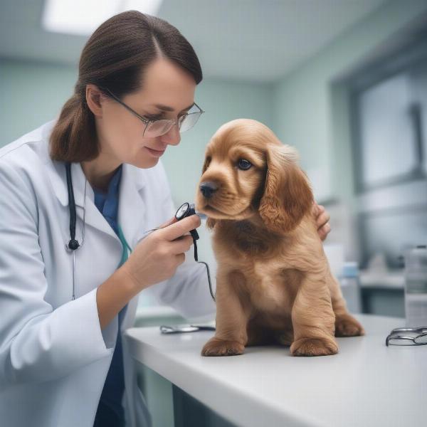 Veterinarian examining a Cocker Spaniel puppy