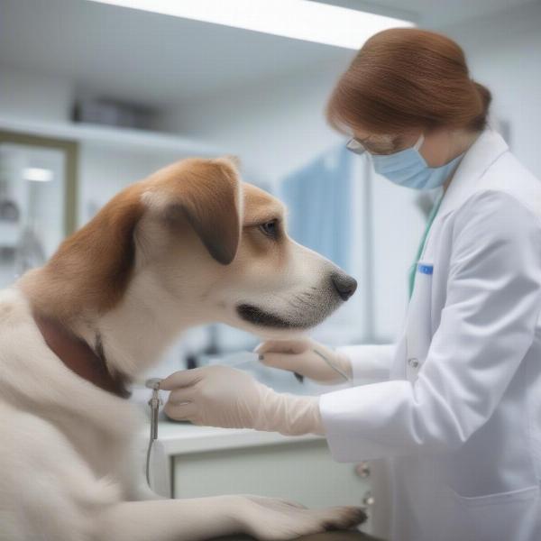 A veterinarian examining a dog