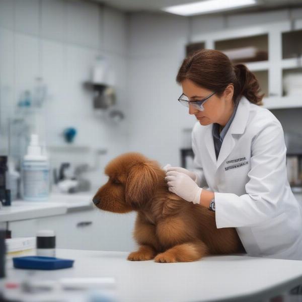 Veterinarian examining a dog for fleas and ticks