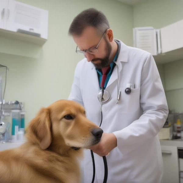 A veterinarian examining a dog in a clinic.