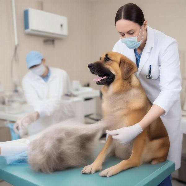 Veterinarian examining a dog's skin