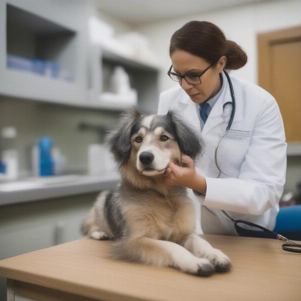 A veterinarian examining a dog during a check-up.