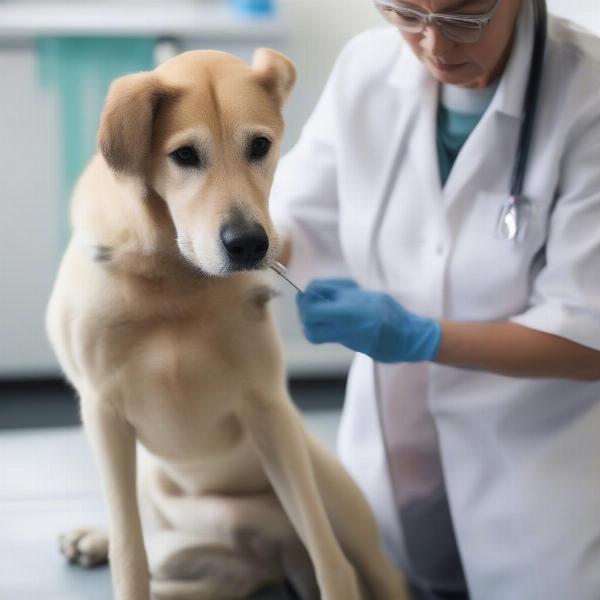 Veterinarian examining a dog’s back leg