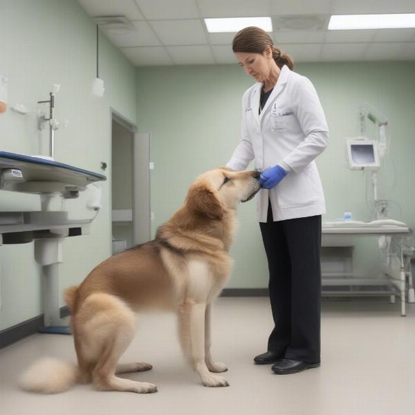 Veterinarian examining a dog's back legs