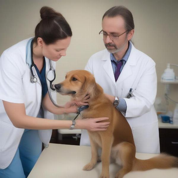 Veterinarian examining a dog before prescribing Rheumocam