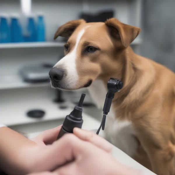 Veterinarian examining a dog's ear with an otoscope