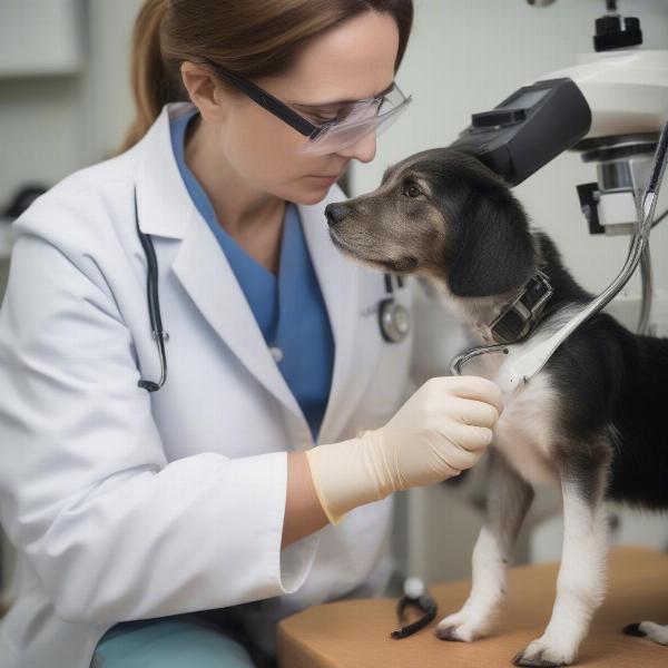 Veterinarian examining a dog's eye