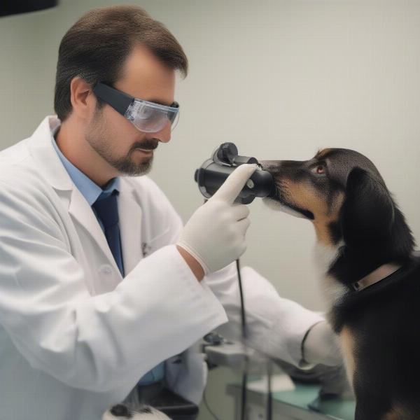 Veterinarian examining a dog's eye for anterior lens luxation.