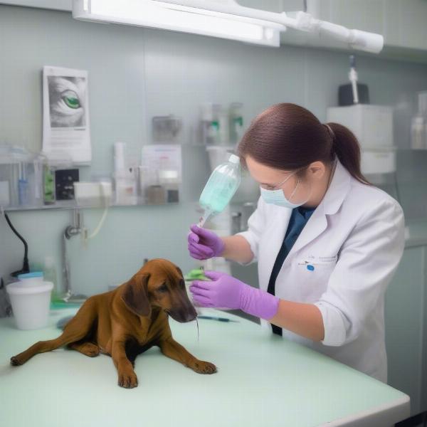 A veterinarian uses fluorescein to examine a dog's eye.