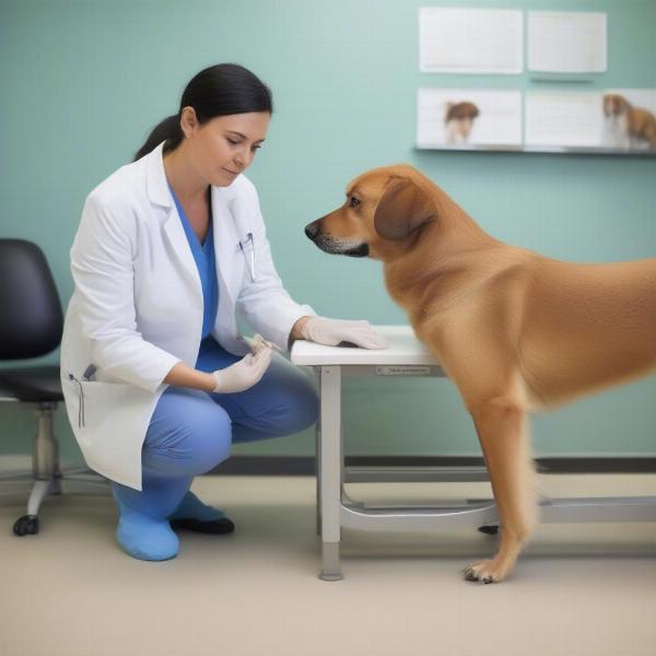 Veterinarian examining a dog's leg