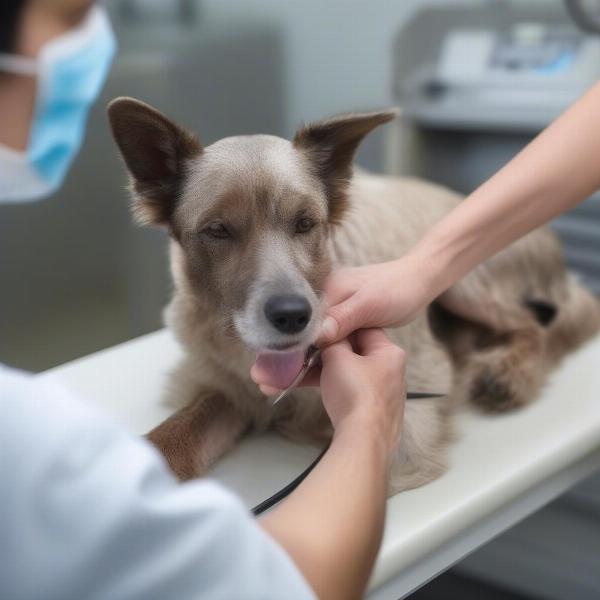 Veterinarian examining dog's skin for allergies