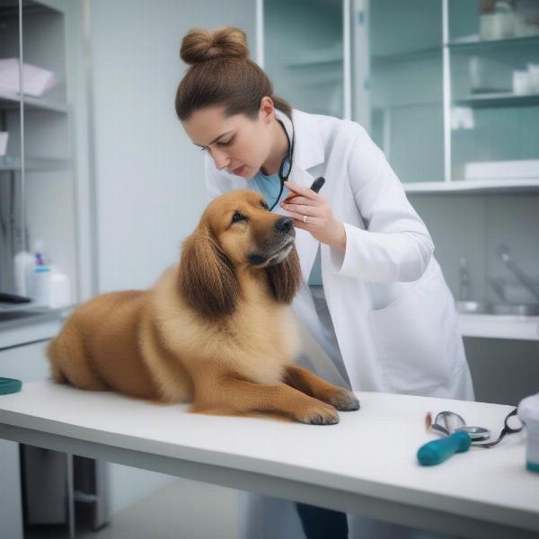 A veterinarian examining a dog's skin