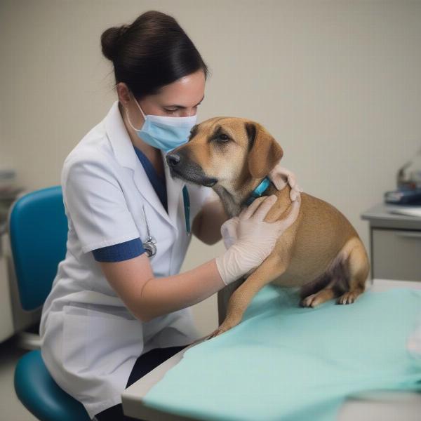 Veterinarian examining a dog's skin infection