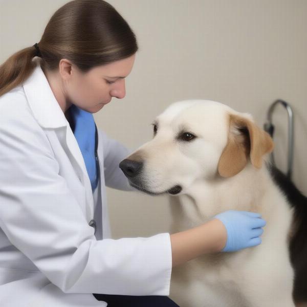 A veterinarian performing a physical examination on a dog suspected of having gastric carcinoma