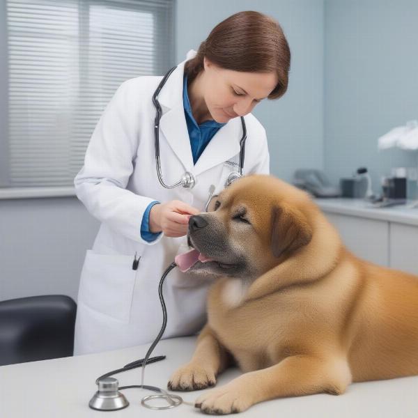 A veterinarian examining a dog experiencing digestive problems.