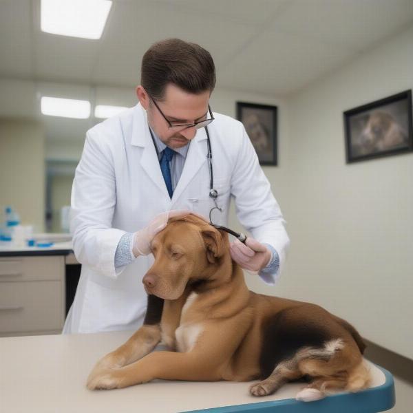 Veterinarian examining a dog with skin allergies